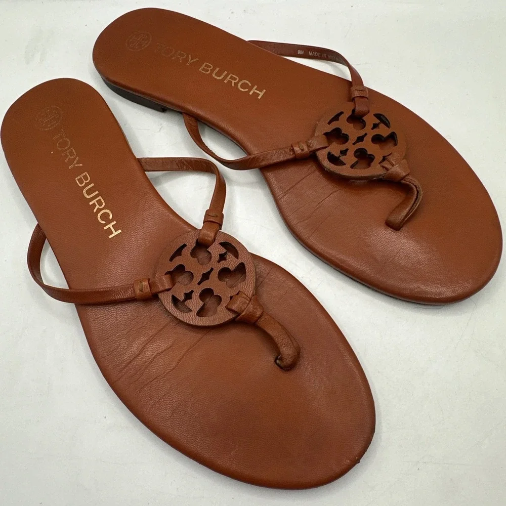 Tory Burch Miller Knotted Bourbon Miele Flat‎ Thong Sandals Vacay Sz 9